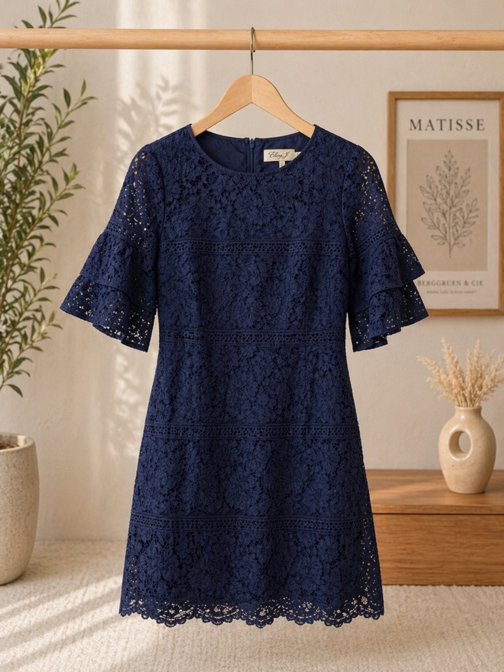 Eliza J Navy Lace Mini Dress with Flutter Sleeves